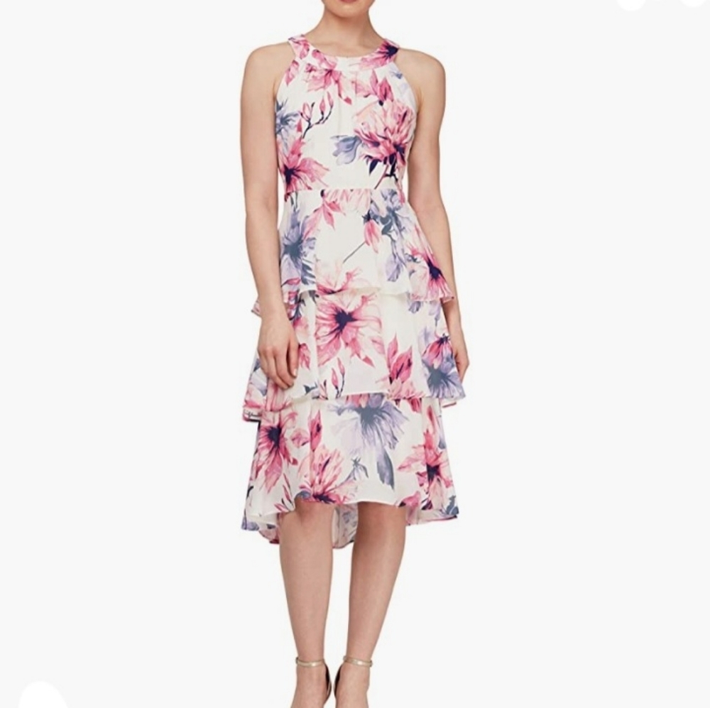 SL slvls O-Neck Neck Floral Silhouette WovenChiffon Tiered OverlayDress Blush